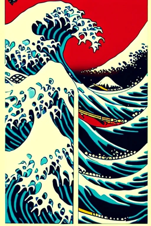 Prompt: Patrick Nagel and Shepard Fairey Poster of The Great Wave off Kanagawa