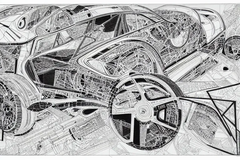 Image similar to a black and white drawing of a porsche 9 5 9 deconstructed schematic, a detailed mixed media collage by hiroki tsukuda and eduardo paolozzi and moebius, intricate linework, sketchbook psychedelic doodle comic drawing, geometric, street art, polycount, deconstructivism, matte drawing, academic art, constructivism