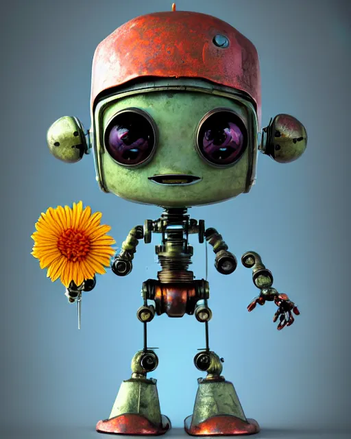 Prompt: An epic fantasy comic book style portrait painting of a cute little robot, rusty components, holding a flower, wearing a silly hat, very expressive, awesome pose, character design by Mark Ryden and Pixar and Hayao Miyazaki, unreal 5, DAZ, hyperrealistic, octane render, cosplay, RPG portrait, dynamic lighting, intricate detail, summer vibrancy, cinematic