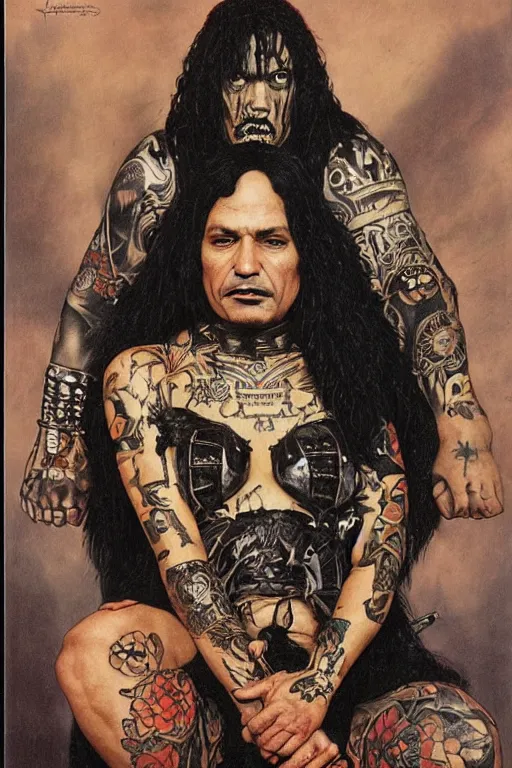 Image similar to full length portrait of temuera morrison as a tattooed gothic punk by lawrence alma tadema and zdzislaw beksinski and norman rockwell and jack kirby and tom lovell and greg staples