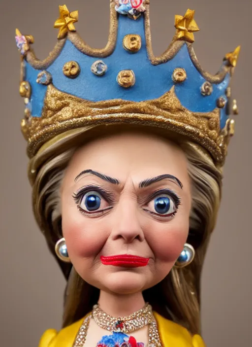 Image similar to closeup face profile portrait of tin toy hillary clinton as a fairytale princess wearing a crown eating cakes, bikini, depth of field, zeiss lens, detailed, symmetrical, centered, fashion photoshoot, by nicoletta ceccoli, mark ryden, lostfish, breathtaking, 8 k resolution, extremely detailed, beautiful, establishing shot, artistic, hyperrealistic, octane render