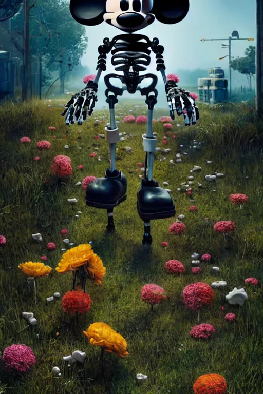 Image similar to a skeletal, mickey mouse made out of flowers and bones, walking with a robot, in the cyberpunk countryside by beeple, nychos and arcimboldo, highly detailed octane render