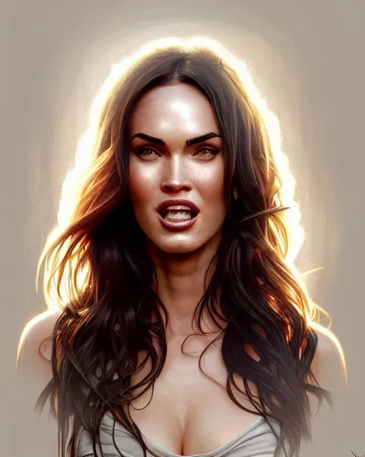 Image similar to portrait of megan fox laughing, intricate, headshot, highly detailed, digital painting, artstation, concept art, sharp focus, cinematic lighting, illustration, art by artgerm and greg rutkowski, alphonse mucha, cgsociety