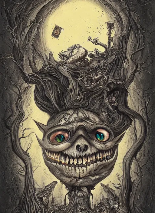 Image similar to cheshire cat death tarot card, highly detailed, half skull face, cinematic, 8 k, bymegan duncanson, benjamin lacombe, naoto hattori, adrian borda, giger, trending on deviantart, hyper detailed, horror, full of colour