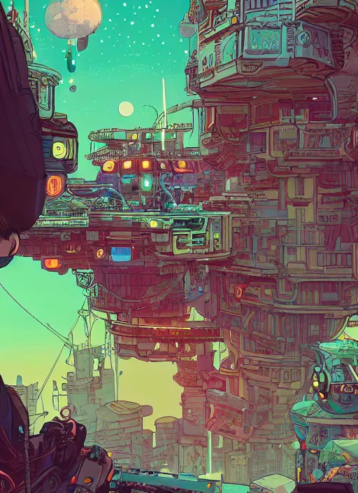 Image similar to explorer with cyberpunk headpiece playing video games in his treehouse, highly detailed, 4 k, midnight, by victo ngai and james gilleard, moebius, laurie greasley, adventure time colour palette