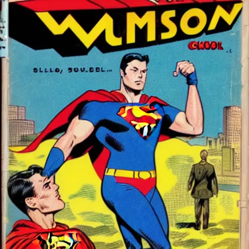 Prompt: comic book cover 1960, Elon Musk vs Superman