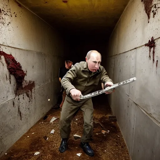 Image similar to putin with a chainsaw. in a concrete bunker with a pile of corpses. focus on putins face with blood splatters. canon eos r 3, f / 1. 4, iso 1 6 0 0, 1 / 8 0 s, 8 k, raw, grainy