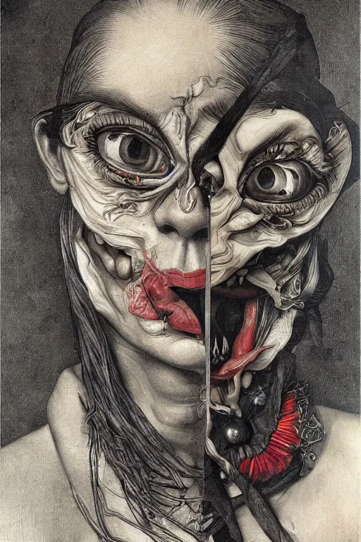 Image similar to Detailed maximalist portrait with large lips and with large eyes, angry expression, HD mixed media, 3D collage, highly detailed and intricate illustration in the style of Caravaggio, dark art, baroque