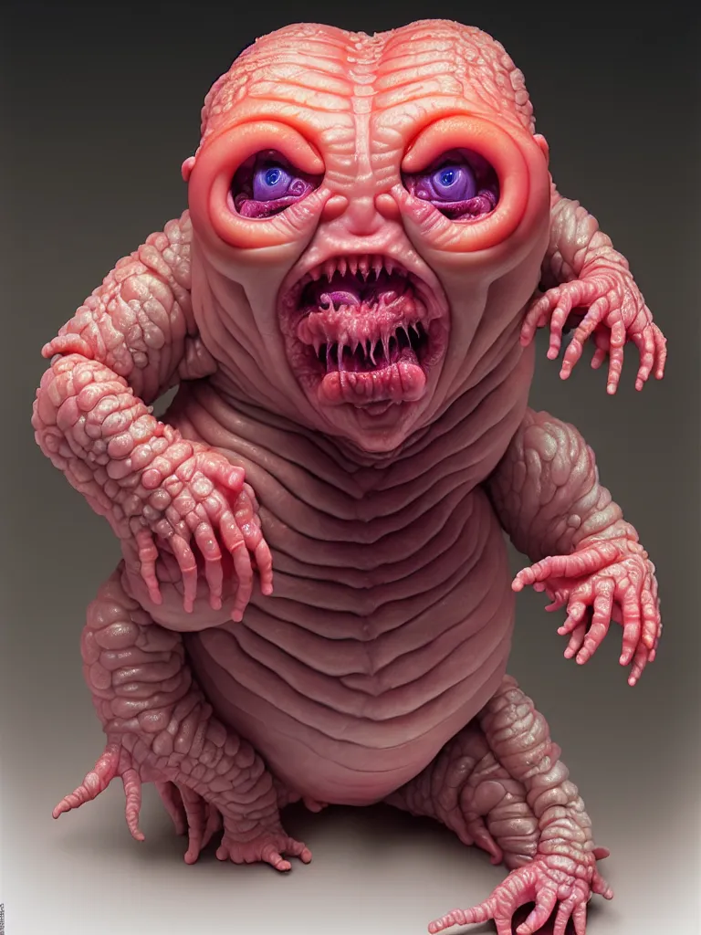 Image similar to hyperrealistic rendering, fat smooth cronenberg flesh monster baby by donato giancola and greg rutkowski and wayne barlow and zdzisław beksinski, product photography, action figure, sofubi, studio lighting, colored gels