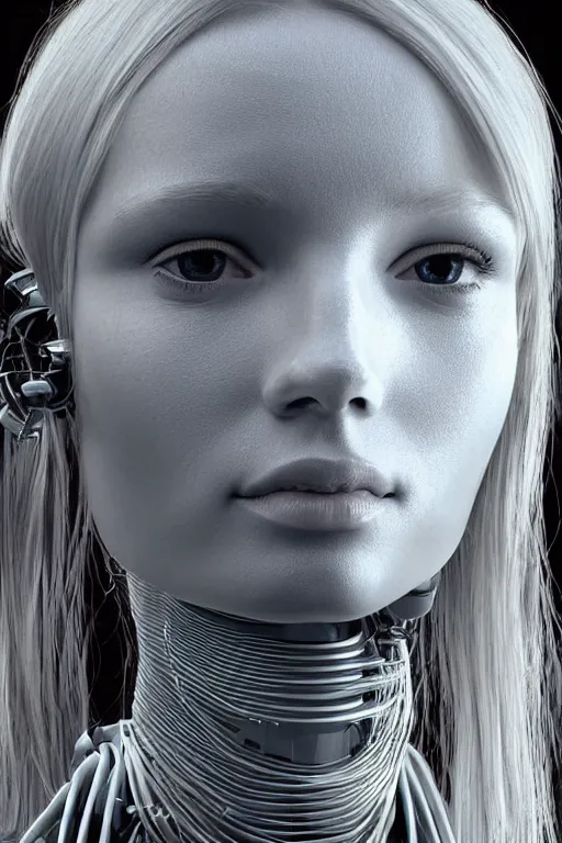 Image similar to robot with human face, female head, full body angle, woman human face, human face realistic, beautiful blonde hair, human head, human head with blonde hair, blonde hair human head, blonde hair, human realistic face, human head skin, cyborg frame concept, cyborg by ales-kotnik, sci-fi android female, the body is made of wires, robotic body, cyborg body, cyborg bust body, robot body cyborg, full body