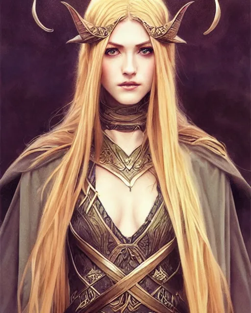 Image similar to portrait of katherine mcnamara elven mage, dark, piercing eyes, gentle expression, elegant clothing, photorealistic, highly detailed, artstation, smooth, sharp focus, art by michael whelan, artgerm, greg rutkowski and alphonse mucha