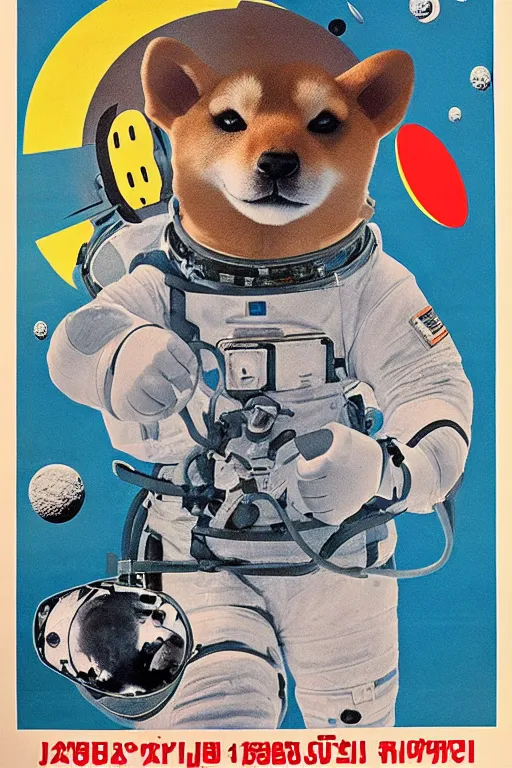 Image similar to Shiba Inu cosmonaut portrait, moon mission, 60s poster, 1968 Soviet Japanese