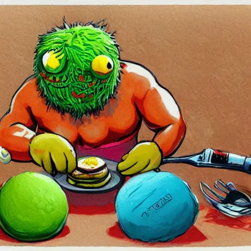 Image similar to a tennis ball monsters eating pancakes, colorful, digital art, fantasy, magic, chalk, trending on artstation, ultra detailed, professional illustration by basil gogos