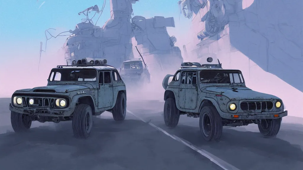 Prompt: digital illustration of mad max's fj 4 0 pursuit special, the last v 8 interceptor driving down a deserted valhalla highway in the middle of the day by studio ghibli, anime style year 2 0 9 3, by makoto shinkai, ilya kuvshinov, lois van baarle, rossdraws, basquiat