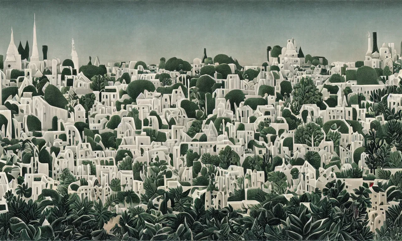 Prompt: a sprawling white fantastical city on the edge of a black hole painted by henri rousseau