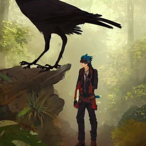 Image similar to concept art painting of a person with a head of a crow, with steampunk clothes, in the deep forest, realistic, detailed, cel shaded, in the style of makoto shinkai and greg rutkowski and james gurney