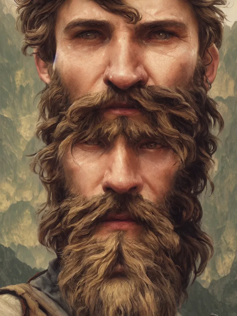 Prompt: close up portrait painting of a bearded hiker hearing a beany, ultra realistic, concept art, intricate details, serious, highly detailed, photorealistic, octane render, 8 k, unreal engine. art by artgerm and greg rutkowski and alphonse mucha