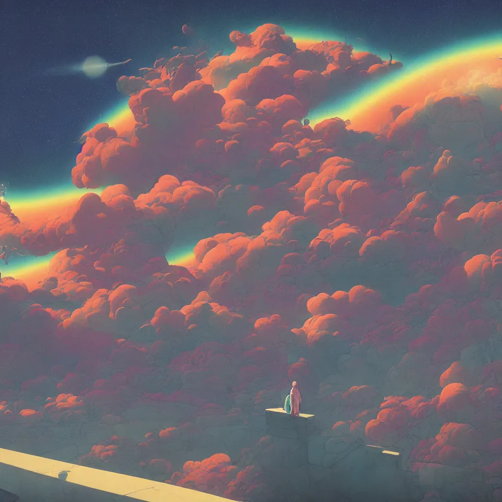 Image similar to a scifi apocalipse in space of a spiritual being dreaming psychedelic hallucinations in cosmos, rainbow colored clouds, by kawase hasui, moebius, Edward Hopper and James Gilleard, Zdzislaw Beksinski, Steven Outram, unreal engine, highly rendered, hd, 8k, artstation