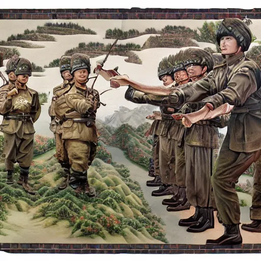 Image similar to a chinese soldier helps his comrades understand how to fight, technological growth, beautiful vintage country chocolate biodiesel wadellesacker, by wendy froud and vincent di botticelli, matte painting, an ink drawing holographic