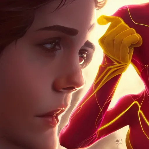 Image similar to beautiful Emma Watson as Kid Flash, western, closeup, D&D, fantasy, intricate, elegant, highly detailed, digital painting, artstation, concept art, matte, sharp focus, illustration, art by Artgerm and Greg Rutkowski and Alphonse Mucha