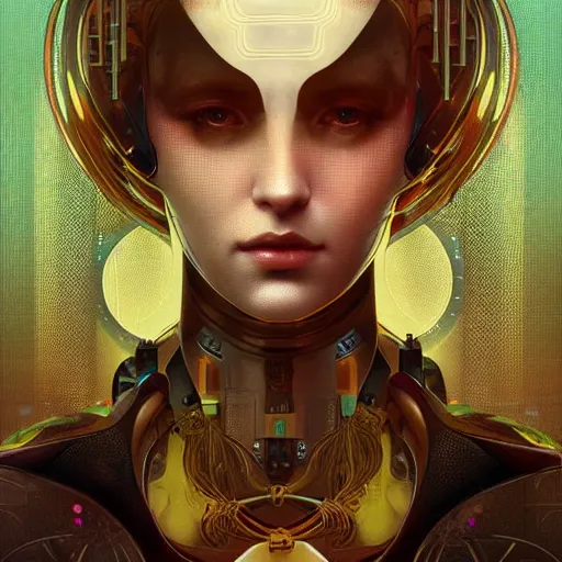 Image similar to portrait of a beautiful female android, coy, circuitry visible in head, in the style of ex machina, karol bak, alphonse mucha, greg rutkowski, award winning, hr giger, artstation