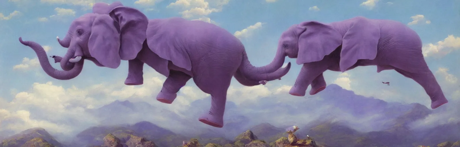 Image similar to A baby purple elephant flying in the clouds, mountains in the background, illustration, detailed, smooth, soft, warm, by Adolf Lachman, Shaun Tan, Surrealism