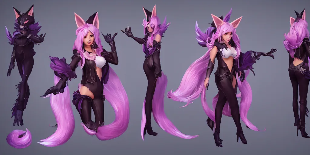 Image similar to Character sheet of bewitching ahri (League of Legends). 3d render, octane render, game art, realistic, highly detailed, trending on artstation, 4k, trending on artstation, pixar, cgsociety, unreal engine 5, redshift render, trending on artstation, blender, behance, cg