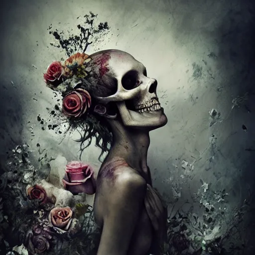 Image similar to skull and cemetary flowers, by brooke shaden and alberto seveso and eve ventrue and john salminen and tim okamura, trending on artstation hq, deviantart, pinterest, 4 k uhd image