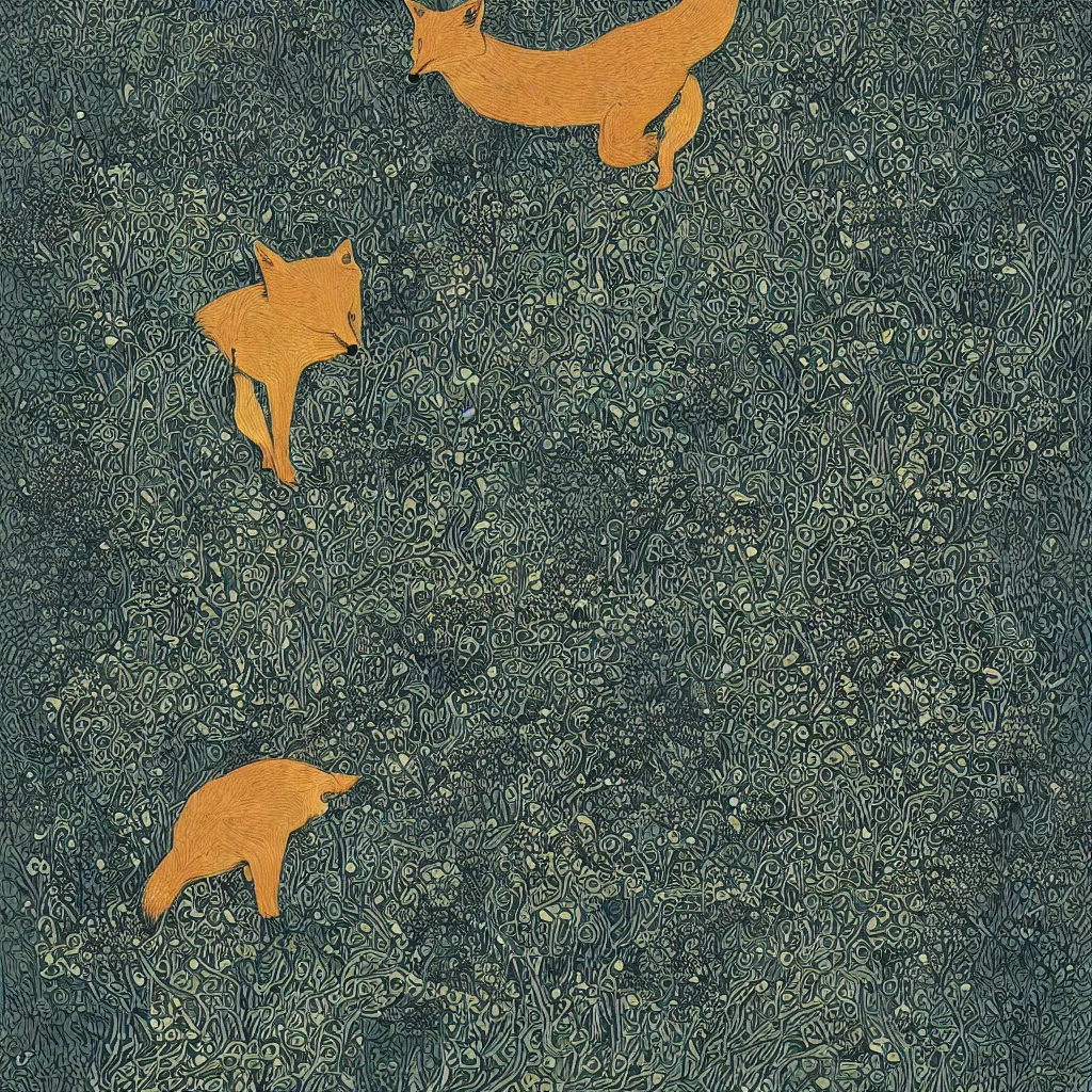 Prompt: fox face hidden in thin long continuous lines by victo ngai