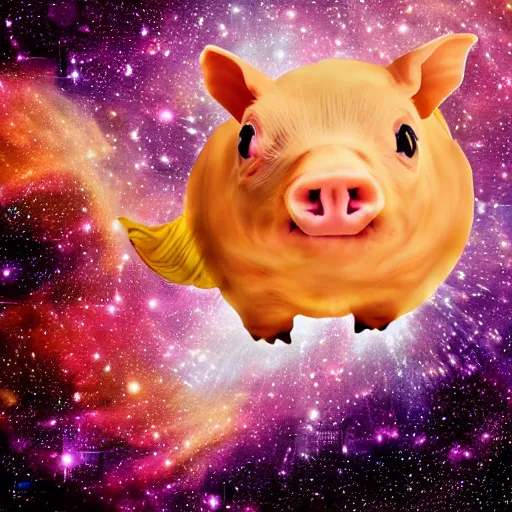 Image similar to a flying pig through a beautiful star packed universe