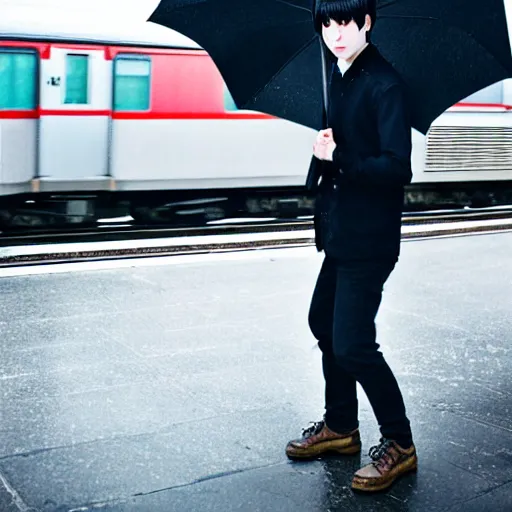 Prompt: young adult, male, medium length black hair, brown eyes, pale skin, standing on a train platform, night, holding a yellow umbrella, anime style, raining