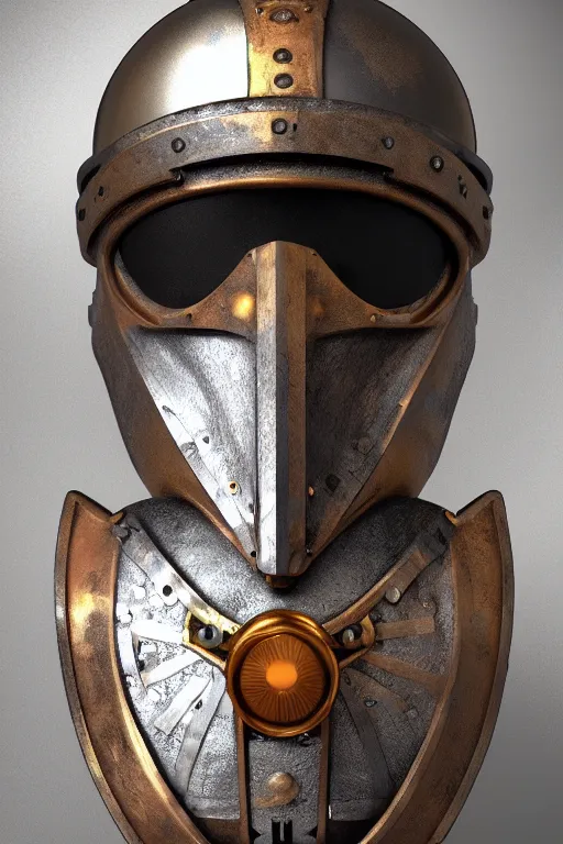 Image similar to steampunk mask minimalist fantasy art robot ninja helmet, global illumination ray tracing hdr fanart arstation by sung choi and eric pfeiffer and gabriel garza and casper konefal radiating a glowing aura