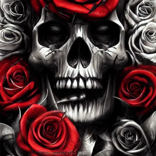 Prompt: colorful skull in black roses and silver bullets by rembrandt and lise deharme and artgerm, digital art, detailed masterpiece
