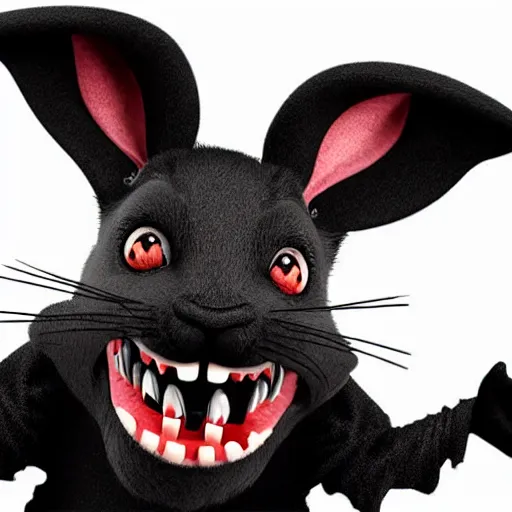 Image similar to A extremely highly detailed majestic hi-res beautiful, highly detailed head and shoulders portrait of a scary terrifying, horrifying, creepy black cartoon rabbit with scary big eyes, earing a shirt laughing in the style of Walt Disney