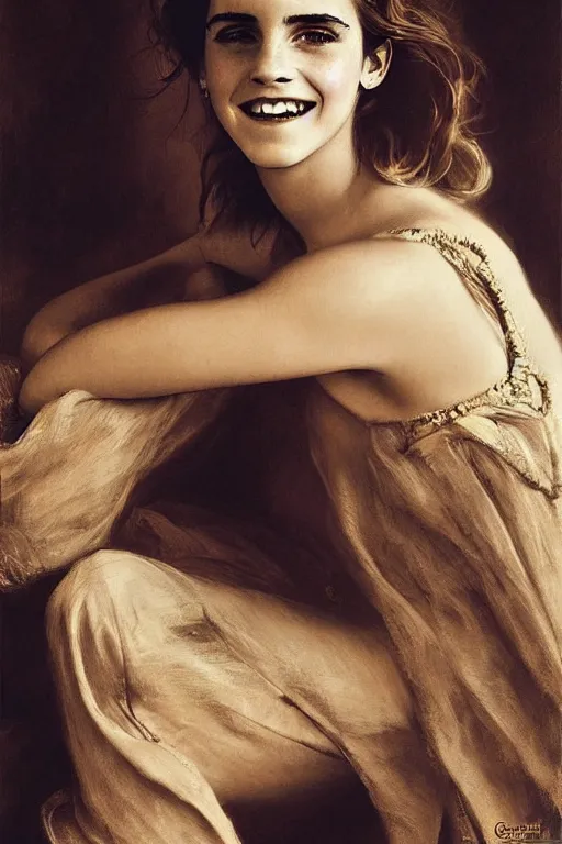 Image similar to emma watson smiling squniting detailed portrait painting by gaston bussiere craig mullins j. c. leyendecker photograph by richard avedon peter lindbergh