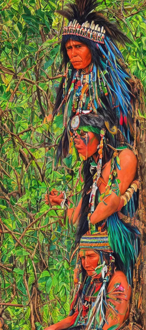 Prompt: a beautiful realistic painting of an indigenous shipibo shaman, sitting in the jungle and calling upon the spirits of nature, vibrant colors, full body