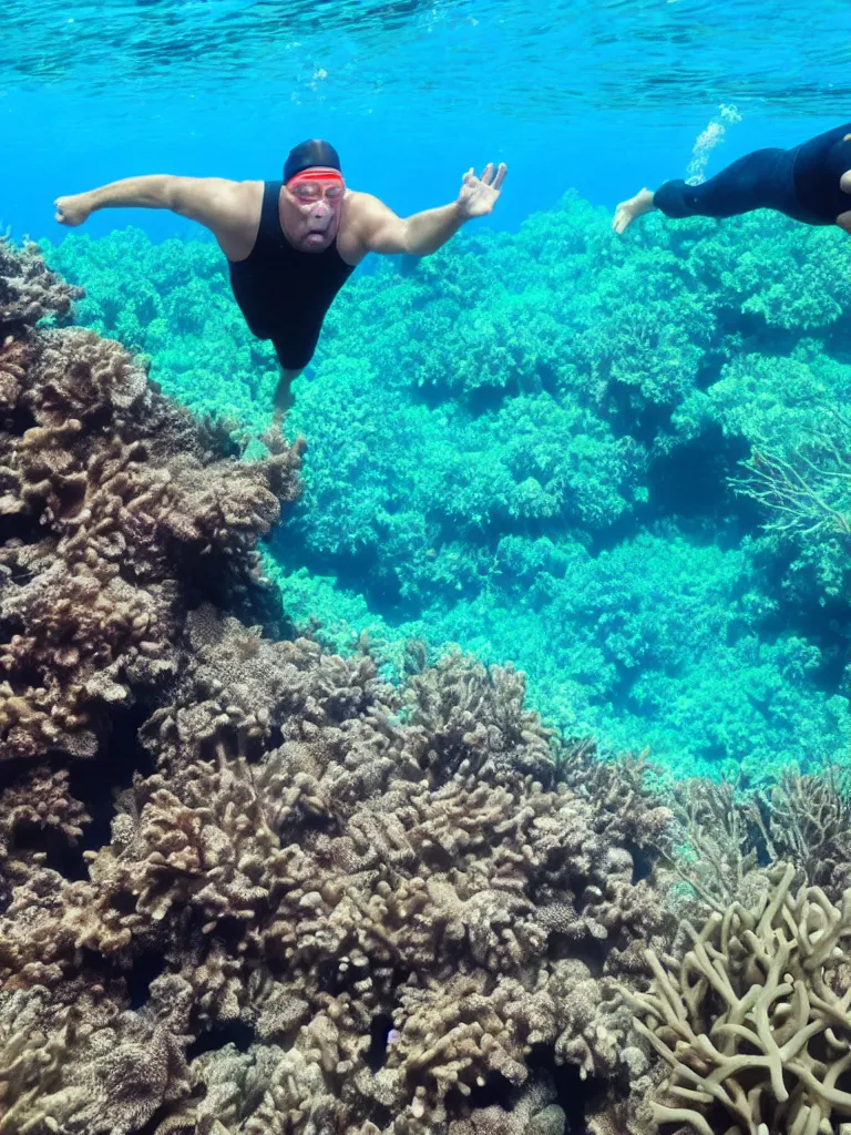 Prompt: a middle aged man swimming under the sea coral reef