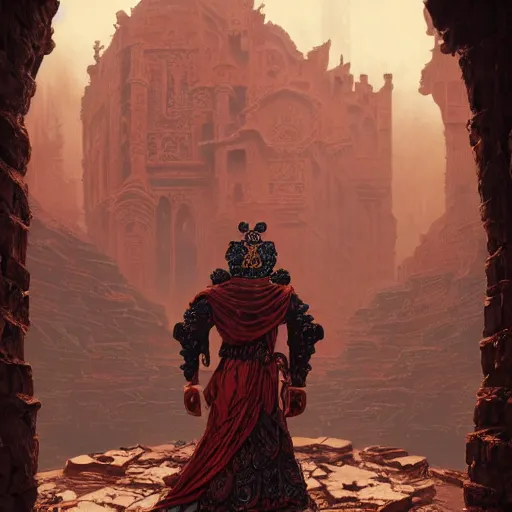 Image similar to alchemist wearing an ornate bronze headdress and red robes standing in a sandstone ruin intricate artwork by Tooth Wu and wlop and beeple and Dan Mumford. Octane render, trending on artstation, greg rutkowski very coherent symmetrical artwork. Cynematic, hyper realism, high detail 8k