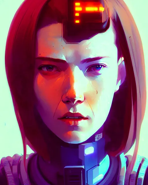 Image similar to cyberpunk synth, hyper - realistic detailed portrait of a happy girl, red hair, cinematic, by atey ghailan, by greg rutkowski, by greg tocchini, by james gilleard, by joe fenton, by kaethe butcher, 8 k, very intricate, dynamic lighting, gradient light blue, brown, blonde cream and white color scheme, sharp focus, grunge aesthetic