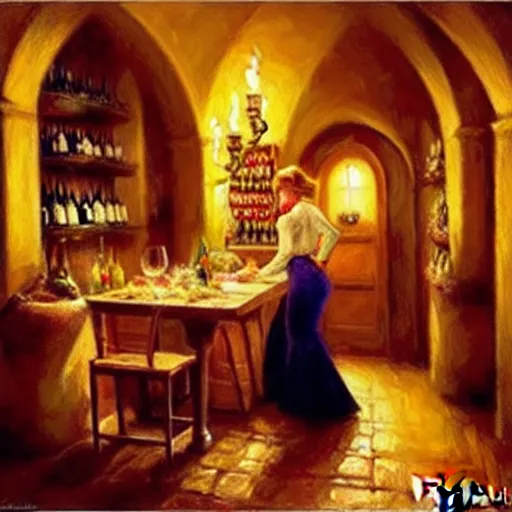 Image similar to wine cellar full of food, torches on the wall, schnapps, romantic, inviting, cozy, blonde woman, painting Vladimir Volegov