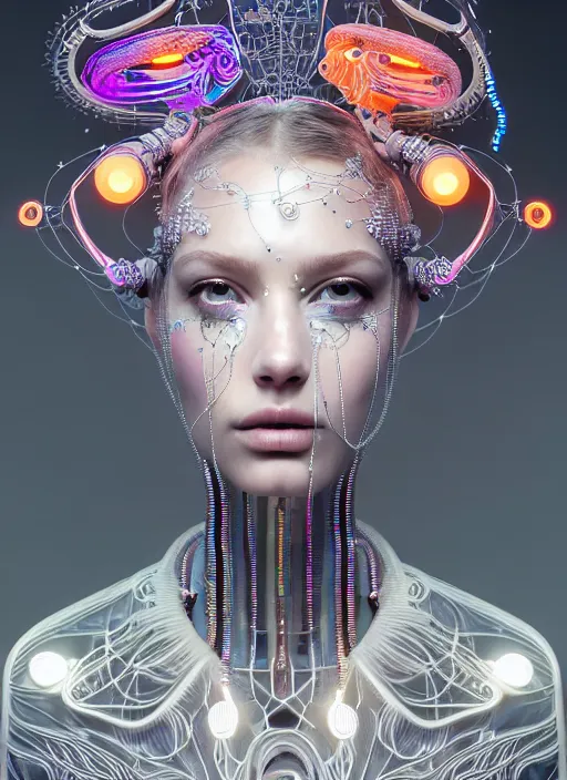 Prompt: portrait of an absurdly beautiful, graceful, sophisticated, fashionable cyberpunk mechanoid, hyperdetailed illustration by irakli nadar, matt wisniewski style, intricate linework, white porcelain skin, iridescent jellyfish headdress, day - glow face paint, multi colored neon electronic collar, unreal engine 5 highly rendered, global illumination, radiant light, detailed and intricate environment