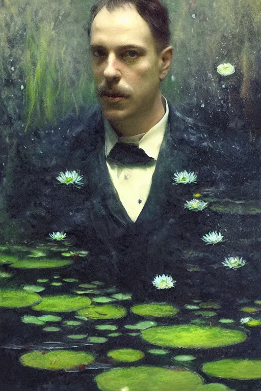 Prompt: detailed cinematic moody colors studio portrait of a victorian gentleman submerged in a victorian pond, water lilies, high quality by jeremy mann, only one head single portrait