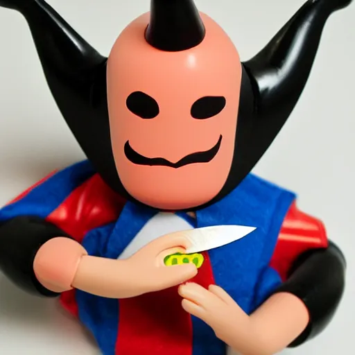 Prompt: vinyl designer toy, character crescent with hands and legs, creepy smiling evil face, holds a small knife in hand