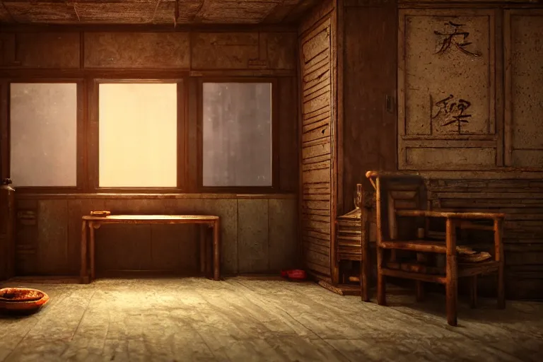 Prompt: artstation scifi scene of a shabby chinese rural room, earth kang, wooden bookcase, a small lotus shrine, in winter paneled walls, unreal engine 5, hyper realism, realistic shading, cinematic composition, blender render, octane render, hdr, detailed textures, photorealistic, wide shot