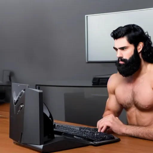 Image similar to a chad with wavy black hair and a beard. muscular. godlike. using a computer.