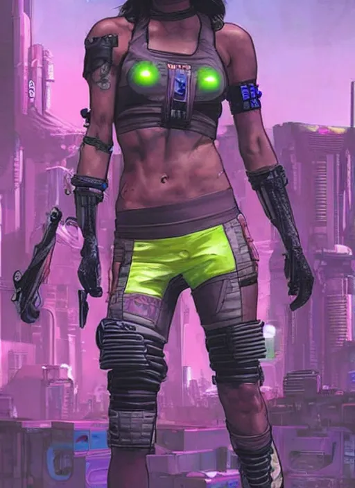 Image similar to apex legends cyberpunk fitness babe. concept art by james gurney and mœbius. gorgeous face, cinematic, dramatic lighting ( cyberpunk 2 0 7 7 ), clean aesthetic