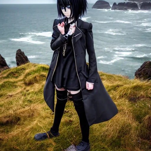 Prompt: 1 7 - year - old anime goth girl, black hair, long bob cut, long bangs, gothic coat, long bangs, standing on cliff along the irish coast, overcast gray skies, ultra - realistic, sharp details, cold lighting, blue and gray colors, intricate details, subsurface scattering, hd anime, 2 0 1 9 anime