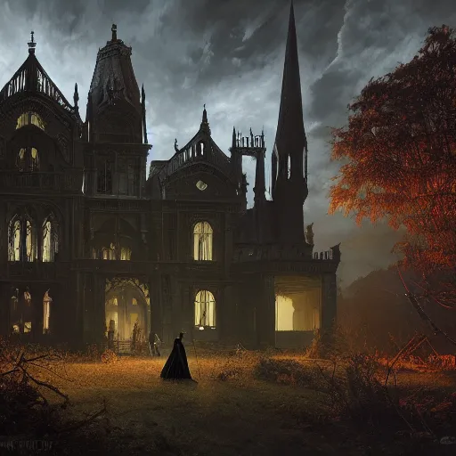 Image similar to demonic gothic victorian scenery in the style of michael whelan and stefan koidl. hyperdetailed photorealism by greg rutkowski, 1 0 8 megapixels, cinematic lighting