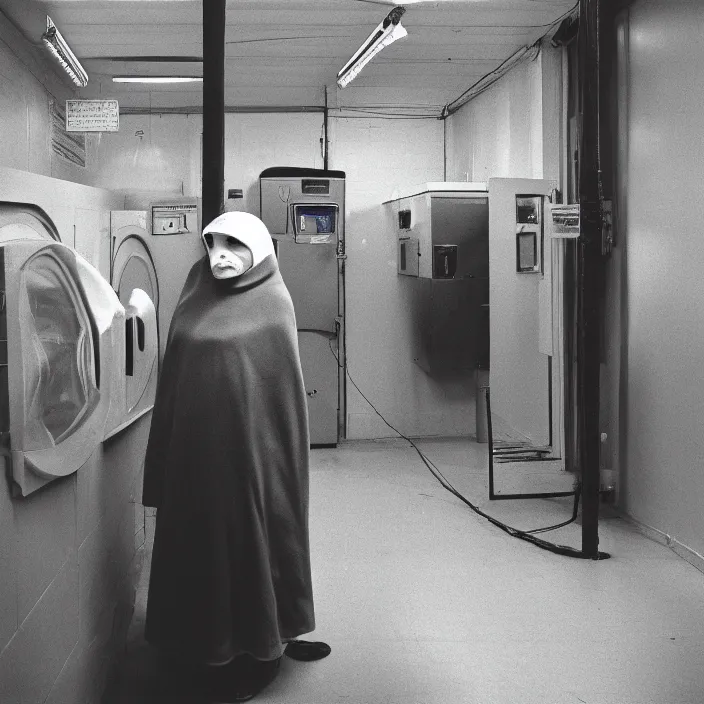 Image similar to a woman wearing a hood made of wire and plastic, in a laundry mat, color photograph, by edward hopper, canon eos c 3 0 0, ƒ 1. 8, 3 5 mm, 8 k, medium - format print