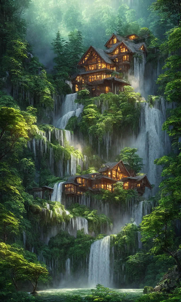 Image similar to beautiful big house in the forest, a big waterfall flows down from the mountain, octane render, fabulous, hyper detailed, random cinematic view, no noise, global illumination, warm lighting, volumetric, godrays, vivid, beautiful, by jordan grimmer